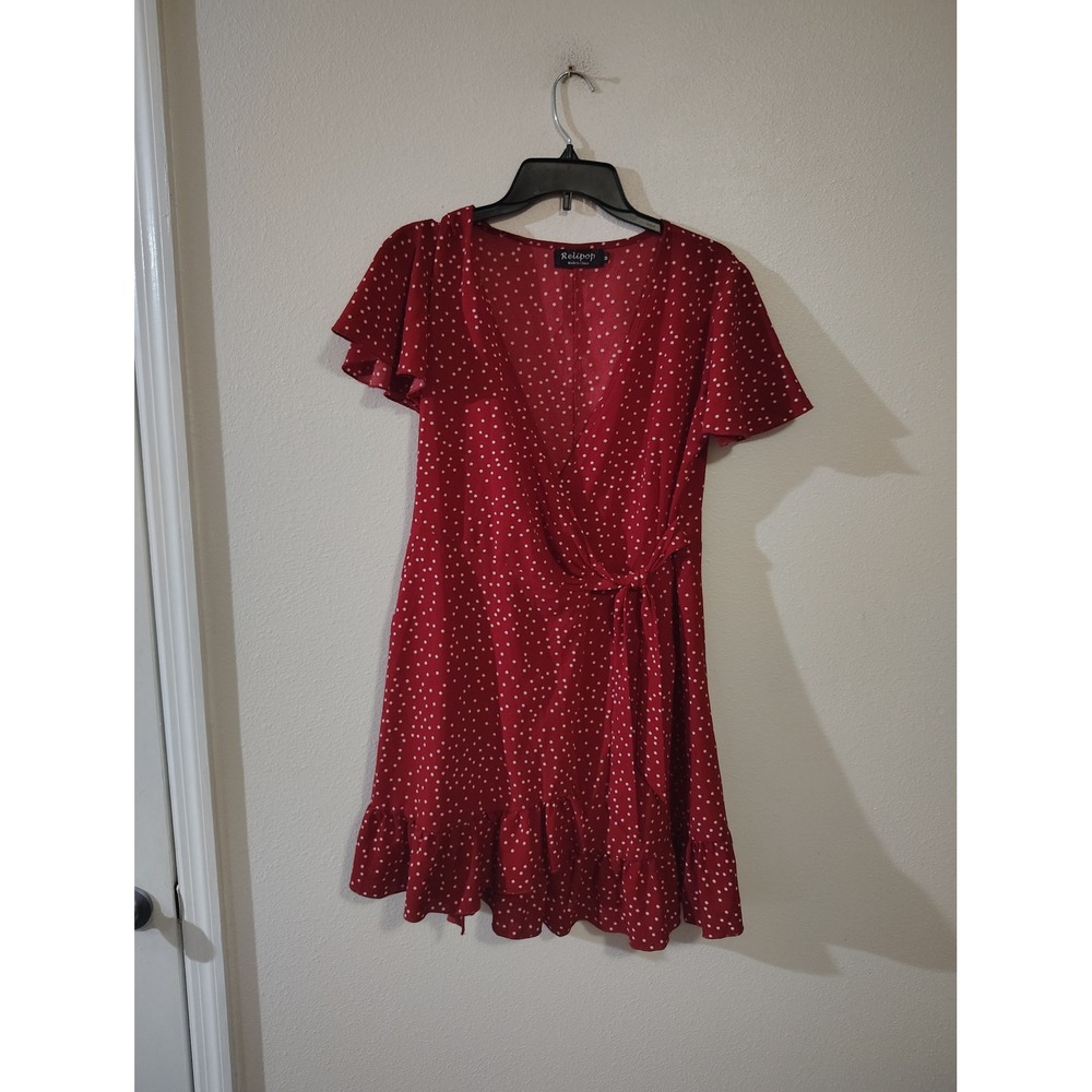 Relipop Red Polka Dot Wrap Dress Short Sleeve Ruffle Hem V-Neck Medium